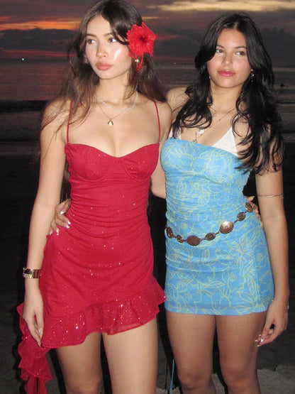 Tassel Sequin Double Layer Spaghetti Strap Dress – Elegant Ruffle Bodycon Dress for Women Perfect for Parties & Vacations