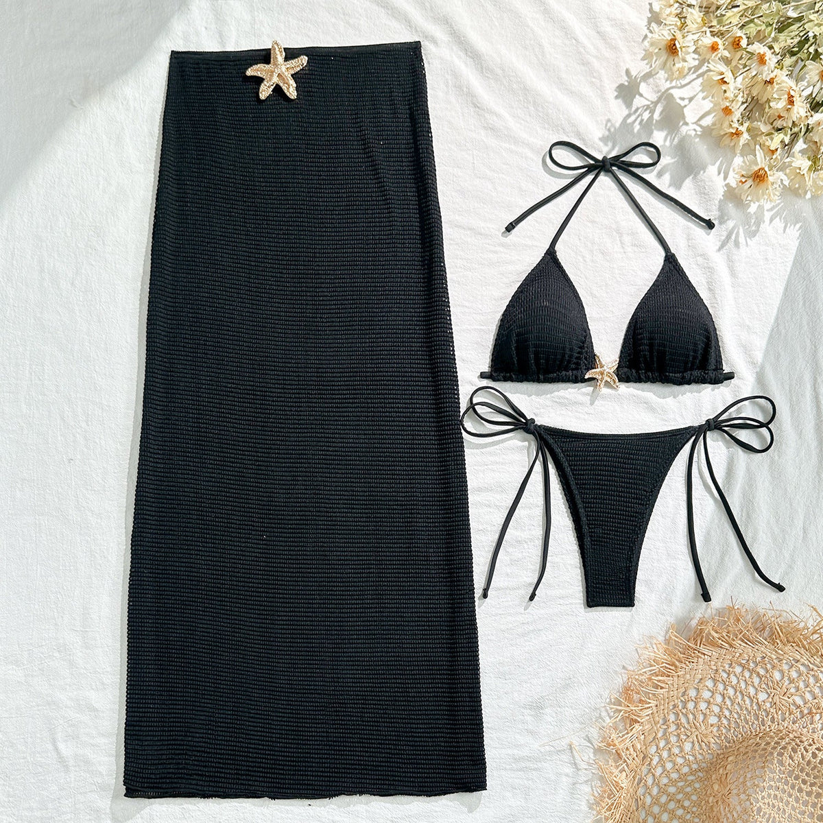 Mesh Dress & Bikini Set with Starfish Pendant– 3-Piece Women’s Swimsuit with Sheer Cover-Up, Perfect for Summer Beachwear & Pool Outings