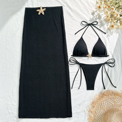 Mesh Dress & Bikini Set with Starfish Pendant– 3-Piece Women’s Swimsuit with Sheer Cover-Up, Perfect for Summer Beachwear & Pool Outings
