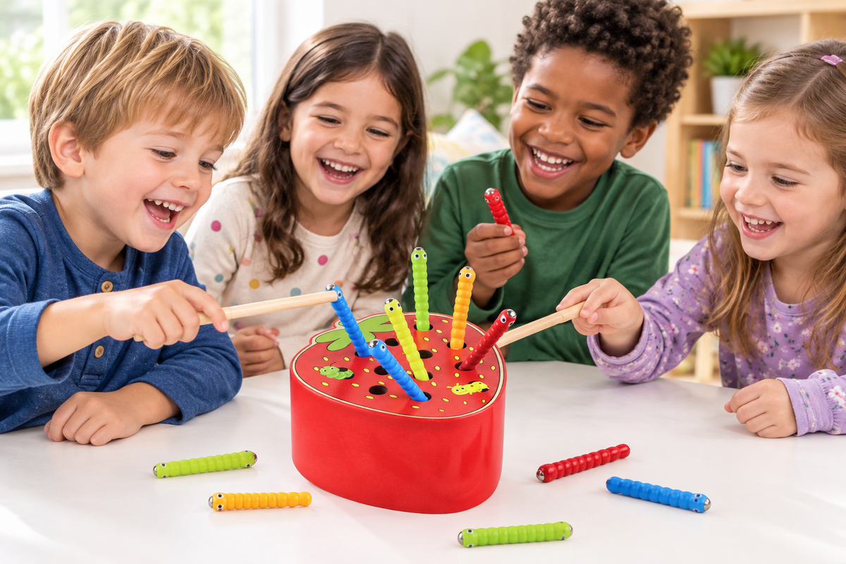 Wooden Fruit Catch Worm Game – Interactive Kids Toy for Fine Motor Skills, Hand-Eye Coordination, Pretend Play and Early Learning