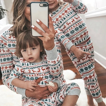 Christmas Family Matching Pajamas – Allover Print Two-Piece Sets for Parents and Kids with Baby Romper, Holiday Sleepwear Ensemble
