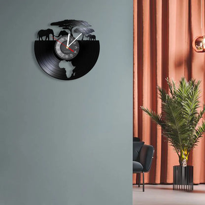 African Elephants Laser Cut Vinyl Record Wall Clock – Wildlife Habitat Map of Africa Retro LP Wall Art Decor for Living Room Statement Display.