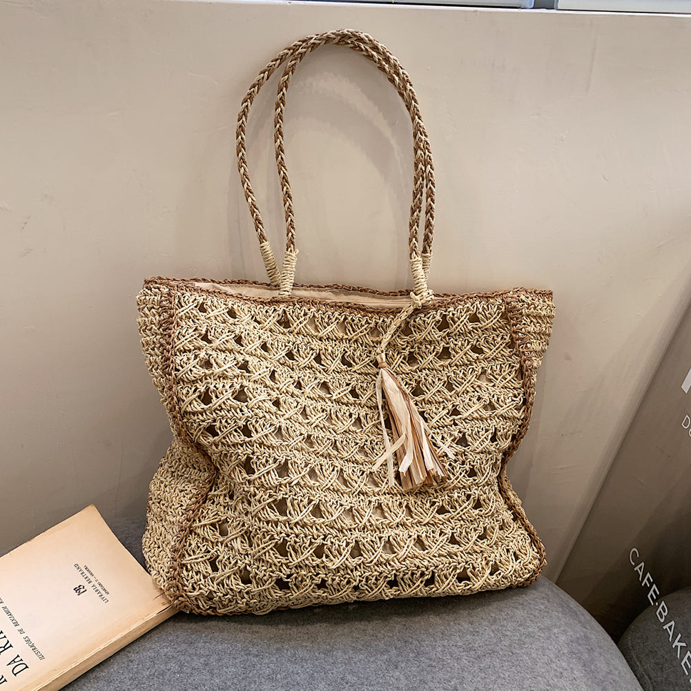 Boho Woven Straw Beach Tote Bag – Rattan Summer Handbag with Tassel Handles for Vacation and Daily Chic Looks