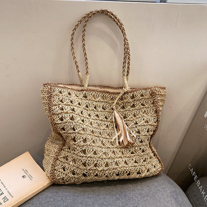 Boho Woven Straw Beach Tote Bag – Rattan Summer Handbag with Tassel Handles for Vacation and Daily Chic Looks
