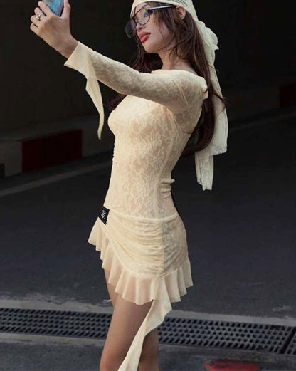 Sexy Ruffled Lace Patchwork Dress – Long Sleeve Backless Bodycon for Women Perfect for Summer Nights
