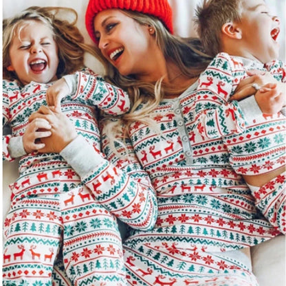 Christmas Family Matching Pajamas – Allover Print Two-Piece Sets for Parents and Kids with Baby Romper, Holiday Sleepwear Ensemble