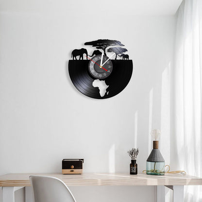 African Elephants Laser Cut Vinyl Record Wall Clock – Wildlife Habitat Map of Africa Retro LP Wall Art Decor for Living Room Statement Display.