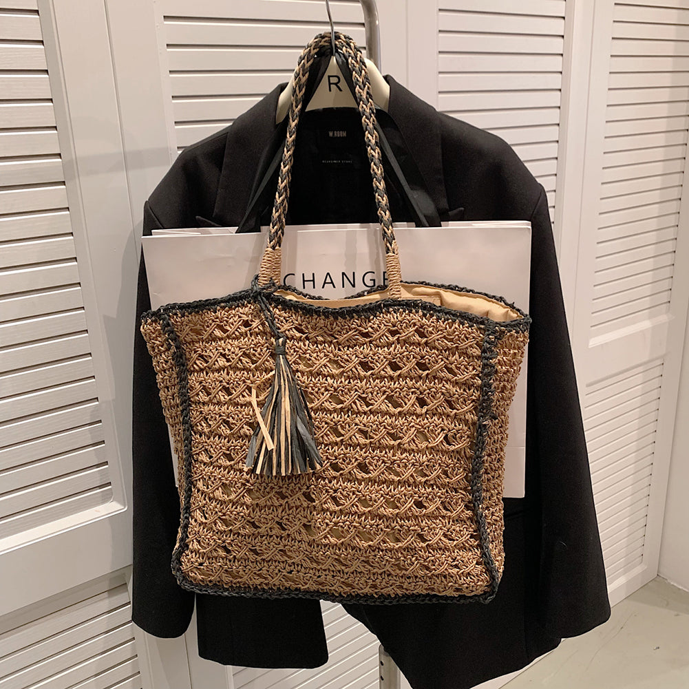 Boho Woven Straw Beach Tote Bag – Rattan Summer Handbag with Tassel Handles for Vacation and Daily Chic Looks