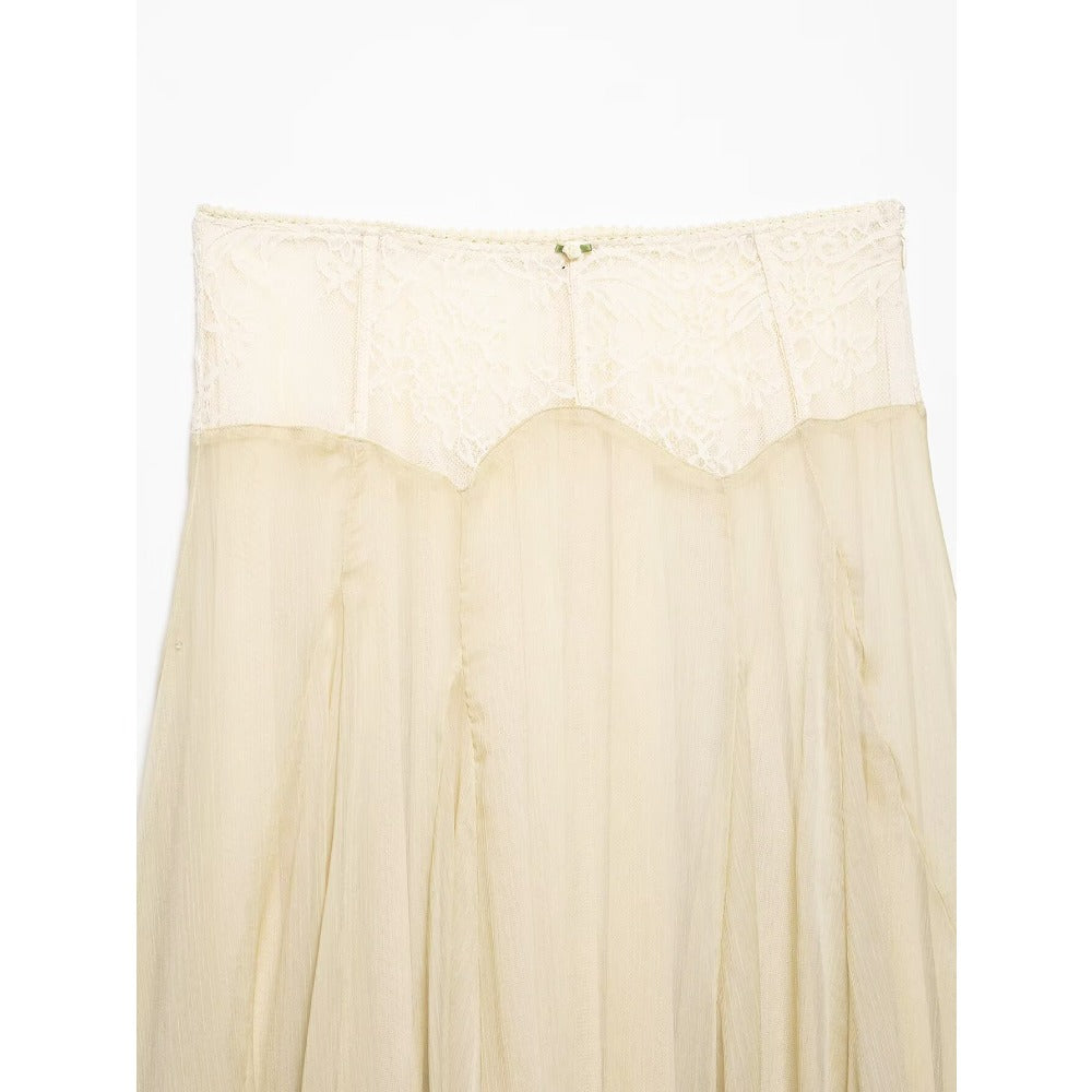 Elegant Summer Skirt Set – V-Neck Wide-Strap Top with Wavy Hem and Lace-Waist Midi Skirt for Chic Women’s Co-Ord Styling