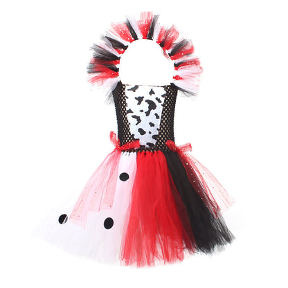 Cruella-Inspired Girls Tutu Dress – Black and White Villain Halloween Costume with Dalmatian Style for Kids, Fancy Dress and Cosplay Parties