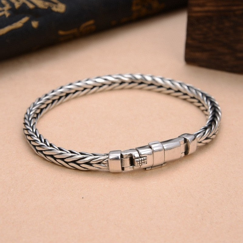 Sterling Silver Handmade Woven Bracelet – Retro Domineering Keel Design Jewelry for Men & Women, Pure S925 Silver Craftsmanship