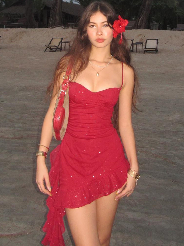 Tassel Sequin Double Layer Spaghetti Strap Dress – Elegant Ruffle Bodycon Dress for Women Perfect for Parties & Vacations