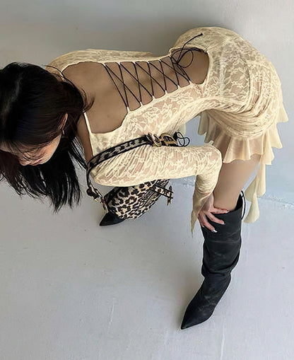 Sexy Ruffled Lace Patchwork Dress – Long Sleeve Backless Bodycon for Women Perfect for Summer Nights