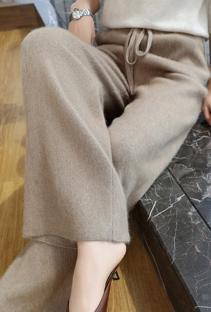 Women's Mink Cashmere Wide Leg Pants – Thick Elastic Waist Straight Trousers with Drawstring for Cozy Autumn Winter Casual Wear