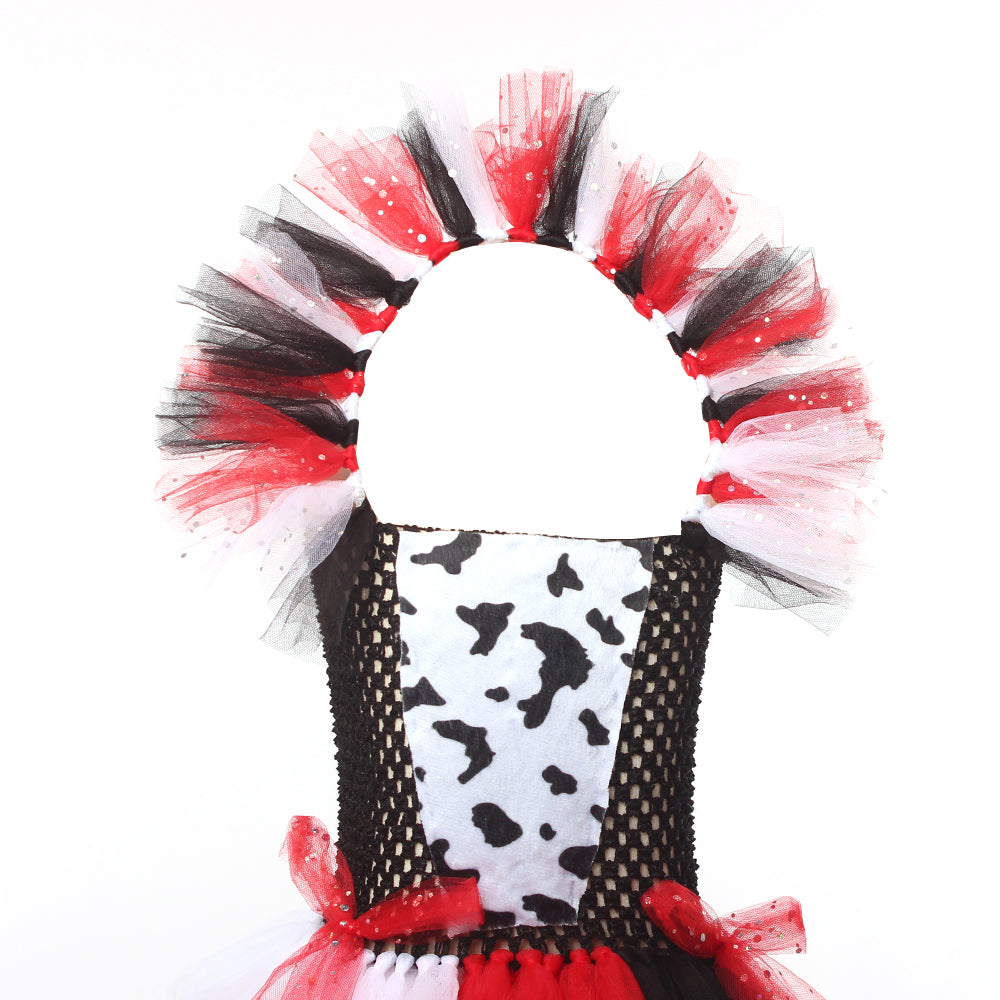 Cruella-Inspired Girls Tutu Dress – Black and White Villain Halloween Costume with Dalmatian Style for Kids, Fancy Dress and Cosplay Parties