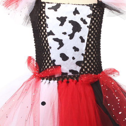 Cruella-Inspired Girls Tutu Dress – Black and White Villain Halloween Costume with Dalmatian Style for Kids, Fancy Dress and Cosplay Parties