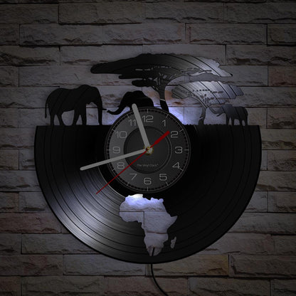 African Elephants Laser Cut Vinyl Record Wall Clock – Wildlife Habitat Map of Africa Retro LP Wall Art Decor for Living Room Statement Display.