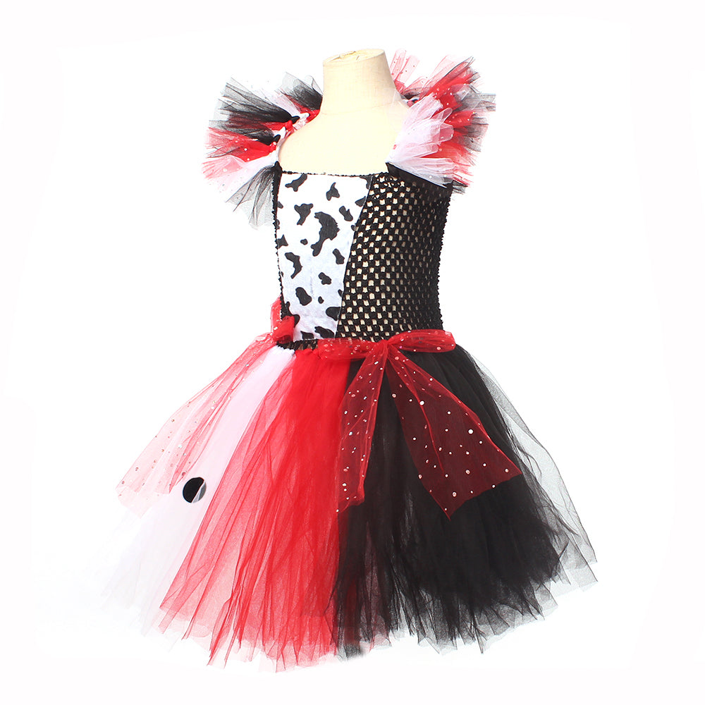Cruella-Inspired Girls Tutu Dress – Black and White Villain Halloween Costume with Dalmatian Style for Kids, Fancy Dress and Cosplay Parties
