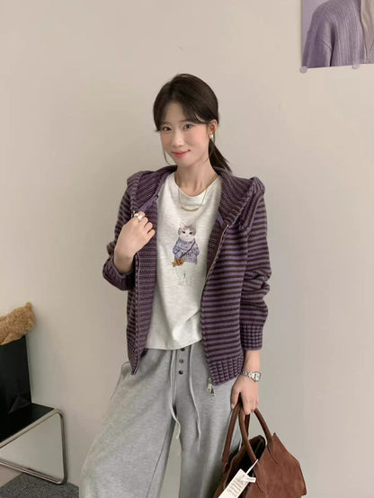 Retro Striped Knit Cardigan – Women's Zip Up Hooded Sweater with Loose Fit, Short Coat Design and Korean Autumn Winter Style