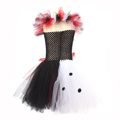Cruella-Inspired Girls Tutu Dress – Black and White Villain Halloween Costume with Dalmatian Style for Kids, Fancy Dress and Cosplay Parties