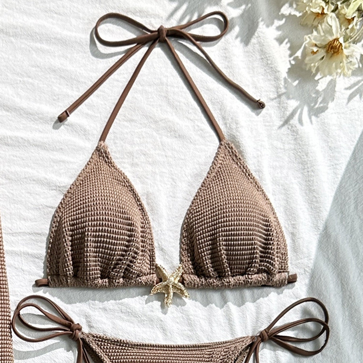 Mesh Dress & Bikini Set with Starfish Pendant– 3-Piece Women’s Swimsuit with Sheer Cover-Up, Perfect for Summer Beachwear & Pool Outings
