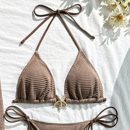 Mesh Dress & Bikini Set with Starfish Pendant– 3-Piece Women’s Swimsuit with Sheer Cover-Up, Perfect for Summer Beachwear & Pool Outings