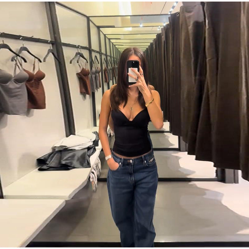Sleeveless V-Neck Bodysuit – Slim Stretchy Zipper Tank Top for Women, Chic 2026 Spring Summer Parties and Elegant Everyday Styling