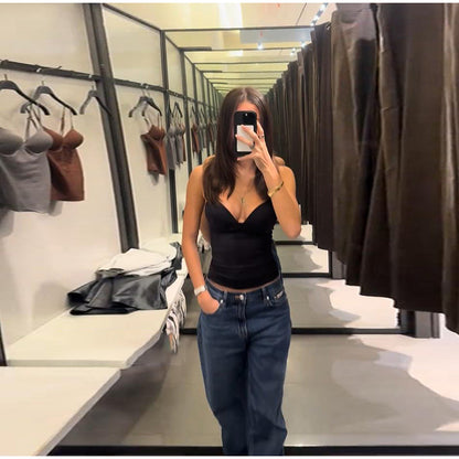 Sleeveless V-Neck Bodysuit – Slim Stretchy Zipper Tank Top for Women, Chic 2026 Spring Summer Parties and Elegant Everyday Styling