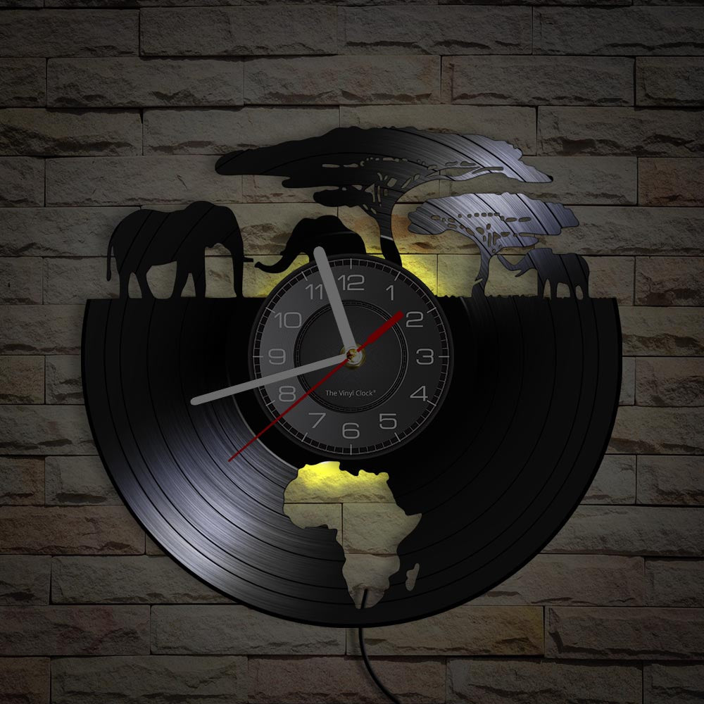 African Elephants Laser Cut Vinyl Record Wall Clock – Wildlife Habitat Map of Africa Retro LP Wall Art Decor for Living Room Statement Display.