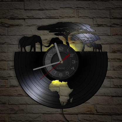 African Elephants Laser Cut Vinyl Record Wall Clock – Wildlife Habitat Map of Africa Retro LP Wall Art Decor for Living Room Statement Display.