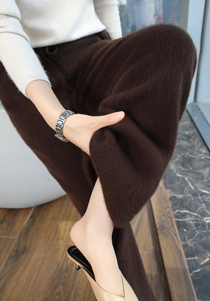 Women's Mink Cashmere Wide Leg Pants – Thick Elastic Waist Straight Trousers with Drawstring for Cozy Autumn Winter Casual Wear