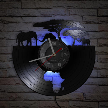 African Elephants Laser Cut Vinyl Record Wall Clock – Wildlife Habitat Map of Africa Retro LP Wall Art Decor for Living Room Statement Display.