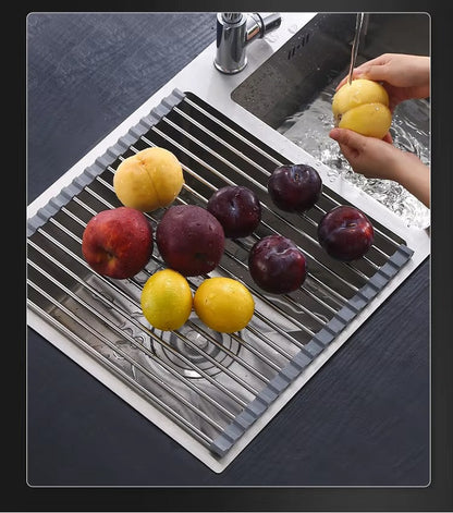 Stainless Steel Folding Drain Rack - Expandable Sink Organizer for Dishes, Fruits and Vegetables, Space-Saving Kitchen Storage Drying Rack