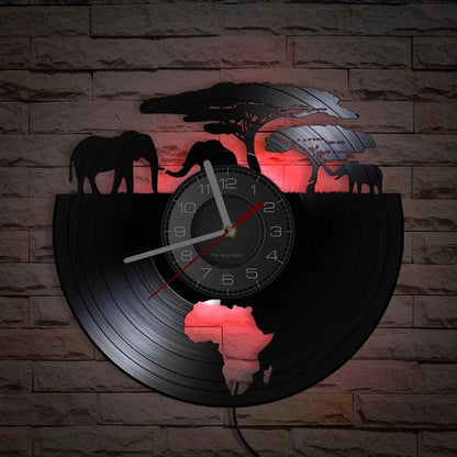 African Elephants Laser Cut Vinyl Record Wall Clock – Wildlife Habitat Map of Africa Retro LP Wall Art Decor for Living Room Statement Display.