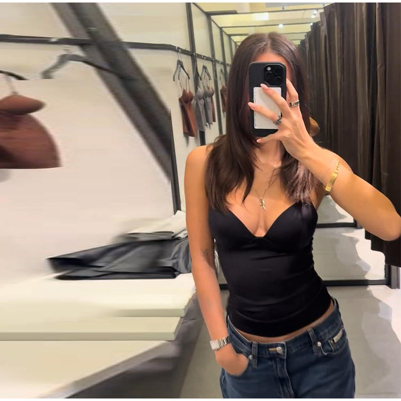 Sleeveless V-Neck Bodysuit – Slim Stretchy Zipper Tank Top for Women, Chic 2026 Spring Summer Parties and Elegant Everyday Styling