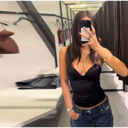 Sleeveless V-Neck Bodysuit – Slim Stretchy Zipper Tank Top for Women, Chic 2026 Spring Summer Parties and Elegant Everyday Styling