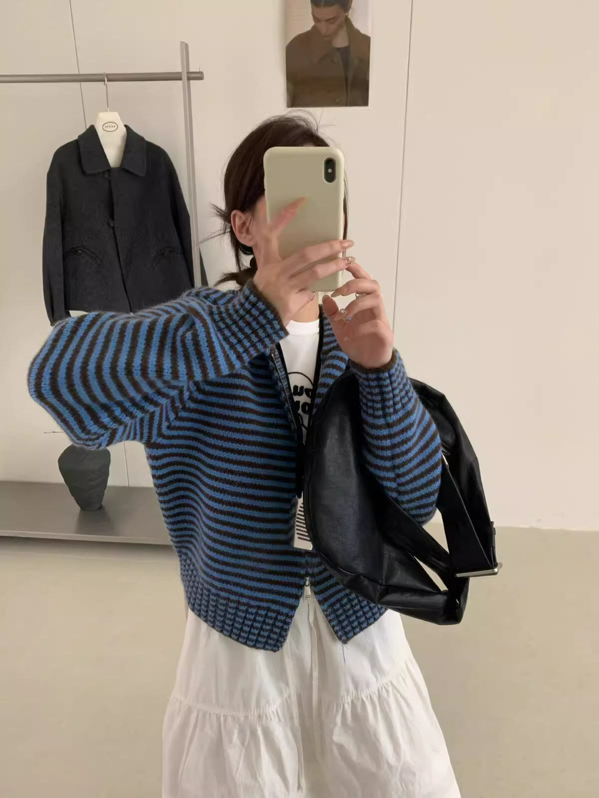 Retro Striped Knit Cardigan – Women's Zip Up Hooded Sweater with Loose Fit, Short Coat Design and Korean Autumn Winter Style