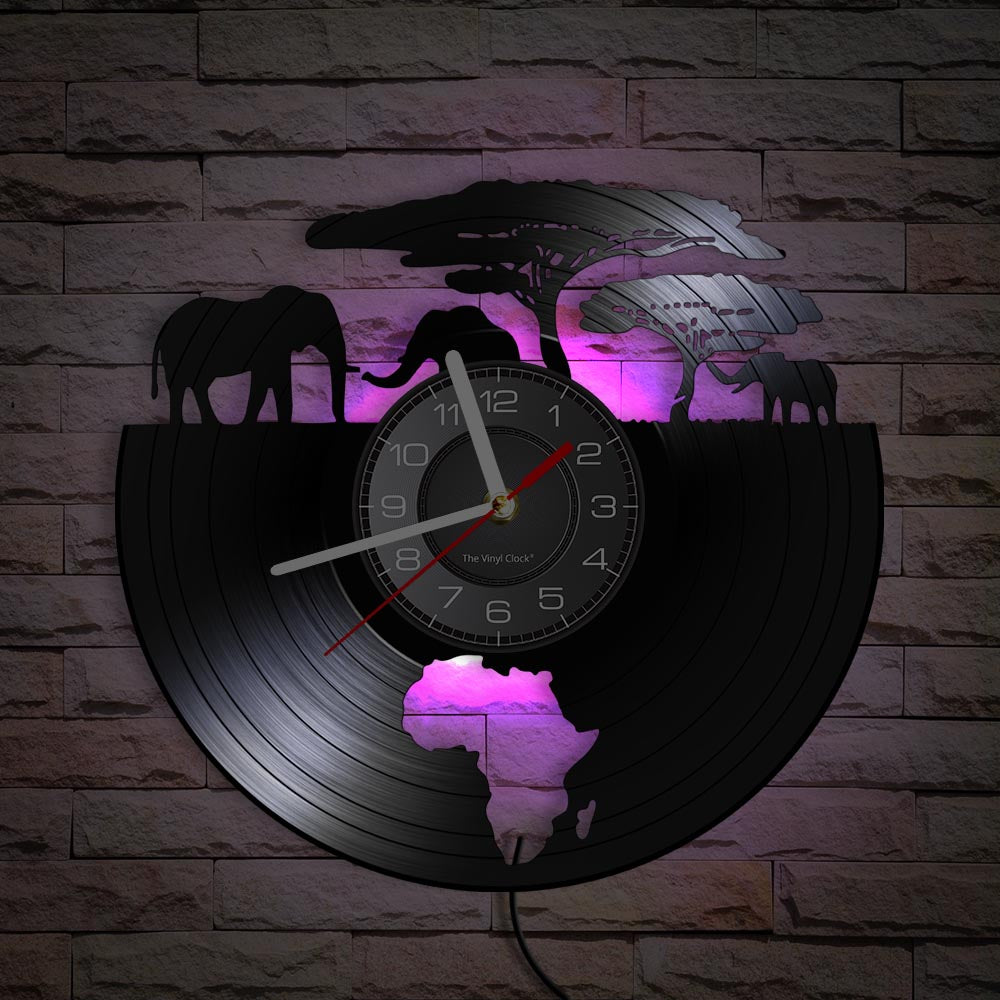 African Elephants Laser Cut Vinyl Record Wall Clock – Wildlife Habitat Map of Africa Retro LP Wall Art Decor for Living Room Statement Display.