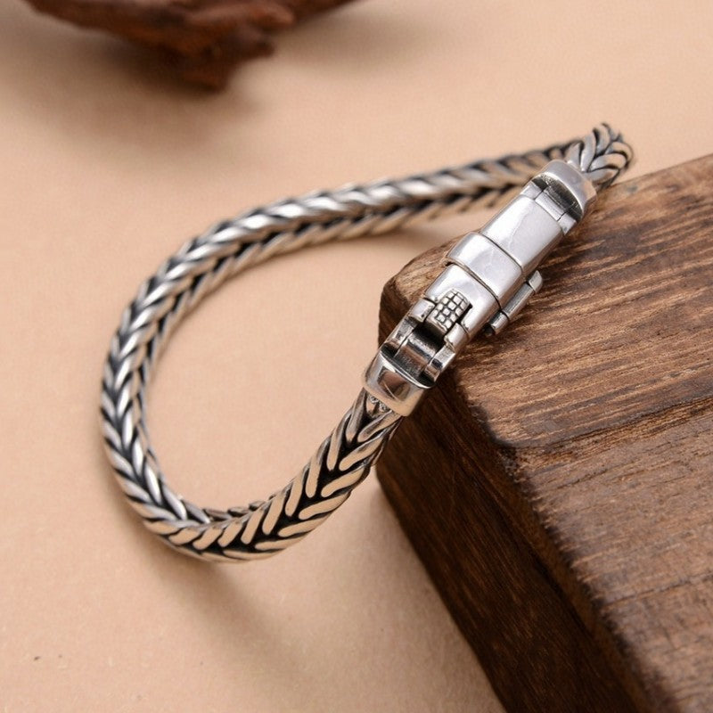 Sterling Silver Handmade Woven Bracelet – Retro Domineering Keel Design Jewelry for Men & Women, Pure S925 Silver Craftsmanship