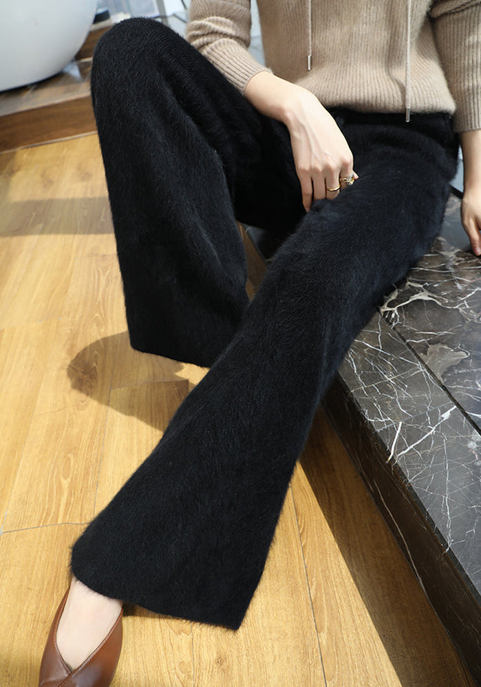 Women's Mink Cashmere Wide Leg Pants – Thick Elastic Waist Straight Trousers with Drawstring for Cozy Autumn Winter Casual Wear