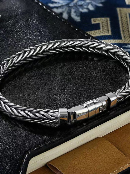 Sterling Silver Handmade Woven Bracelet – Retro Domineering Keel Design Jewelry for Men & Women, Pure S925 Silver Craftsmanship