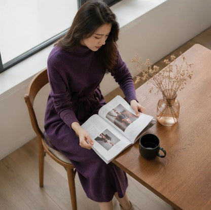 Purple Cashmere Sweater Dress- Women Slim Fit Knee Length Knit Dress for Autumn Winter Elegant Warm Fashion Styling