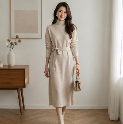 Purple Cashmere Sweater Dress- Women Slim Fit Knee Length Knit Dress for Autumn Winter Elegant Warm Fashion Styling