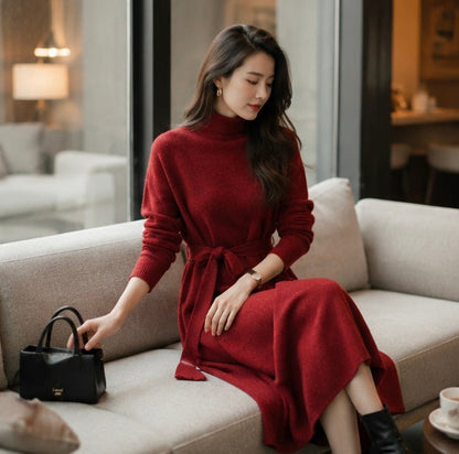 Purple Cashmere Sweater Dress- Women Slim Fit Knee Length Knit Dress for Autumn Winter Elegant Warm Fashion Styling