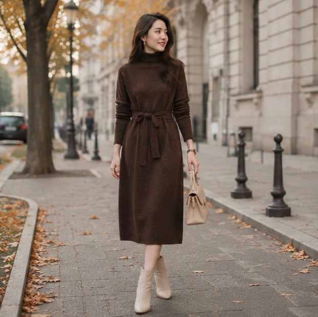 Purple Cashmere Sweater Dress- Women Slim Fit Knee Length Knit Dress for Autumn Winter Elegant Warm Fashion Styling