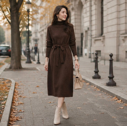 Purple Cashmere Sweater Dress- Women Slim Fit Knee Length Knit Dress for Autumn Winter Elegant Warm Fashion Styling