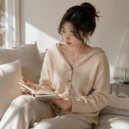 Women Cashmere Hooded Cardigan- Seamless Wool Knit Sweater with Loose Fit Design, Cozy Autumn Winter Outerwear for Elegant Casual Fashion