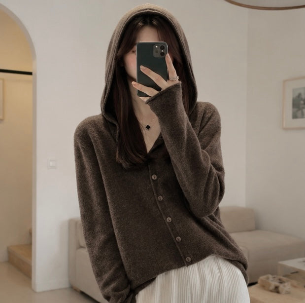Women Cashmere Hooded Cardigan- Seamless Wool Knit Sweater with Loose Fit Design, Cozy Autumn Winter Outerwear for Elegant Casual Fashion