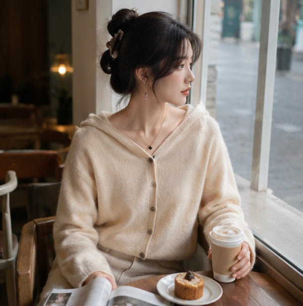 Women Cashmere Hooded Cardigan- Seamless Wool Knit Sweater with Loose Fit Design, Cozy Autumn Winter Outerwear for Elegant Casual Fashion