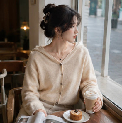 Women Cashmere Hooded Cardigan- Seamless Wool Knit Sweater with Loose Fit Design, Cozy Autumn Winter Outerwear for Elegant Casual Fashion